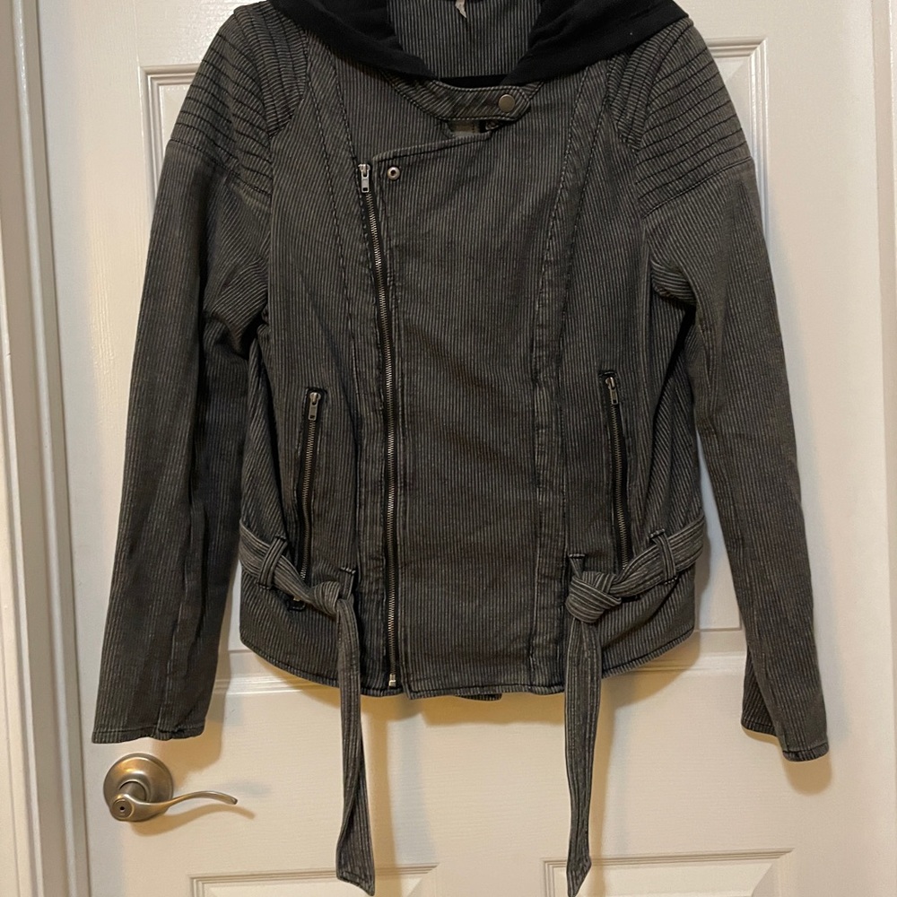 Free People Cotton Black Pinstriped Bomber Jacket Sz L